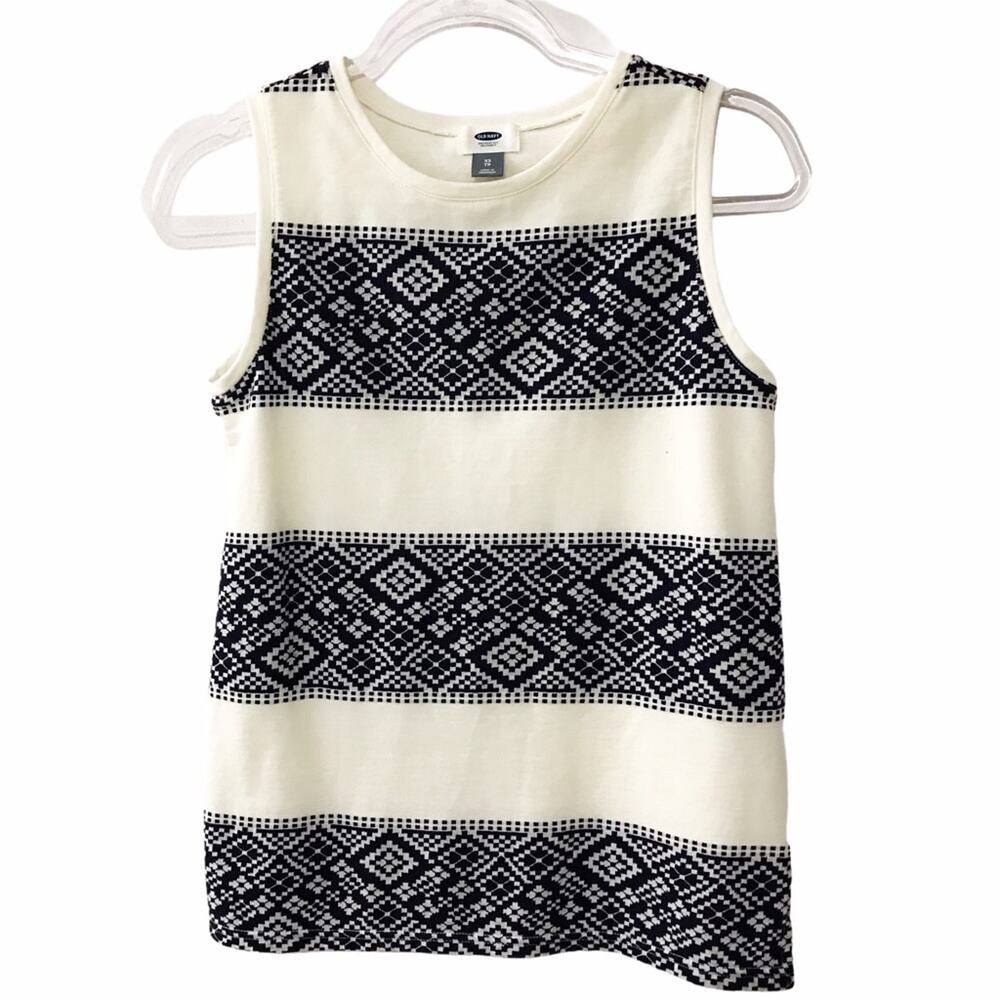 Old Navy Sleeveless Shell Tank Top Cream Navy Blue Jacquard Print Colorblock XS